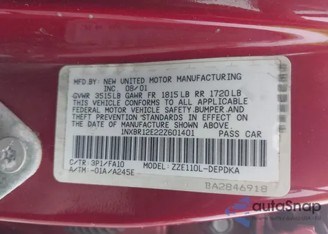 2002 Toyota Corolla Le from USA, damaged, VIN 1NXBR12E22Z601401